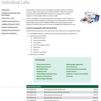 Screenshot of Inquiry Investigations labs page on FreyScientific.com, pre-2023 version